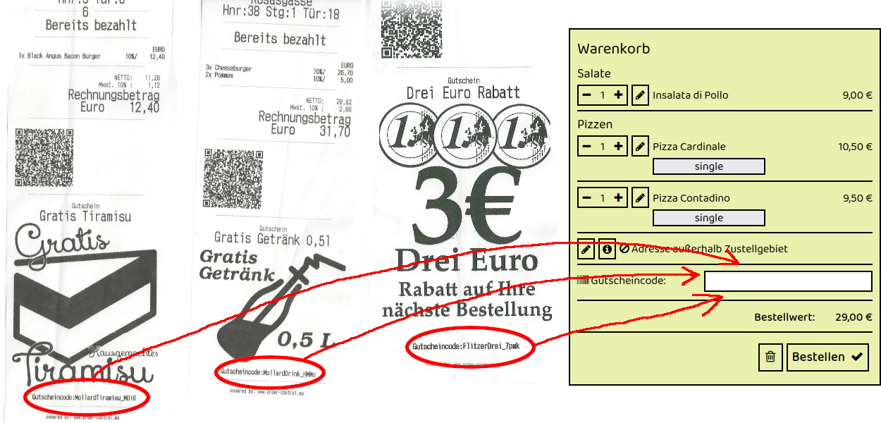 Beispiel für Gutscheincodes auf Rechnungszetteln von Don Matli in Wien Aichholzgasse 50 – drei Rechnungen mit individuellen Gutscheincodes, die im Online-Warenkorb des Restaurants eingegeben werden können.