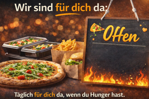 Restaurant Öffnungszeiten Konzept mit Pizza, Burger und Schriftzug „Wir sind für dich da“ für Lieferservice