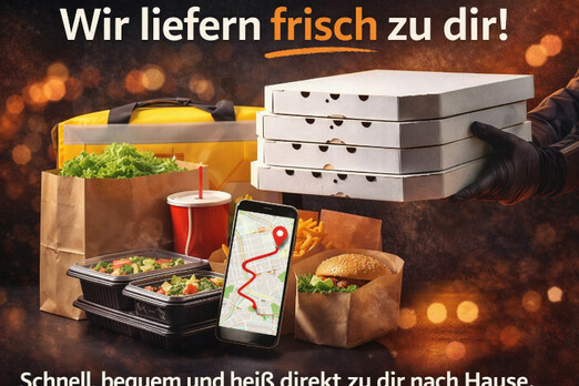 Zustellung von Essen mit Pizza, Burger und Lieferboxen für schnelle Lieferung nach Hause